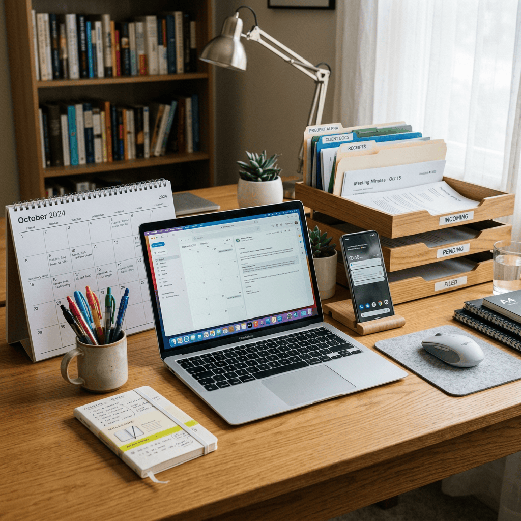 Desk with laptop displaying calendar, paper calendar showing October 2024, smartphone, and labeled document trays
