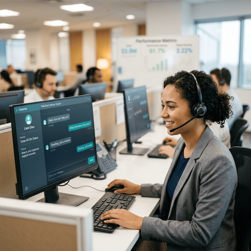 Customer service agent wearing headset typing on keyboard and assisting client through live chat on computer screen
