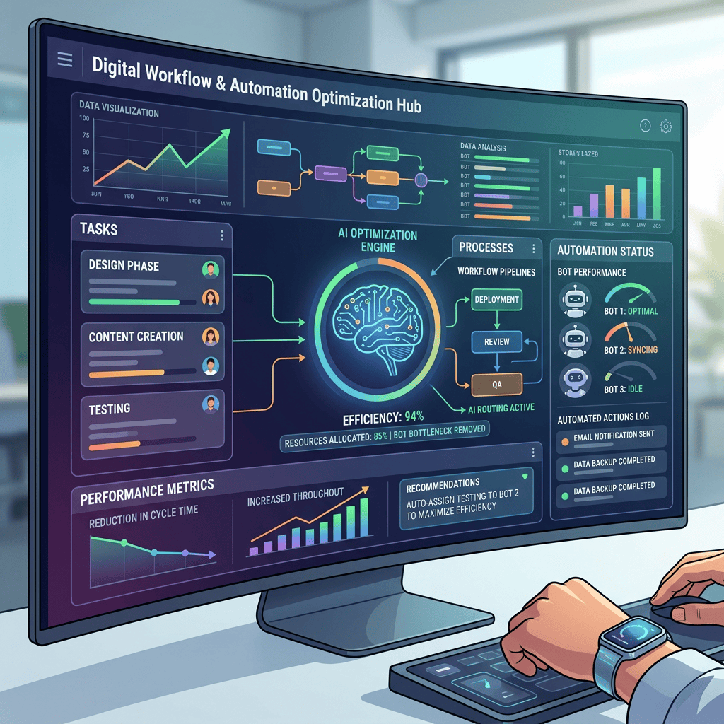 Digital workflow and automation optimization dashboard displaying tasks, AI engine efficiency, data visualizations, and bot performance statuses