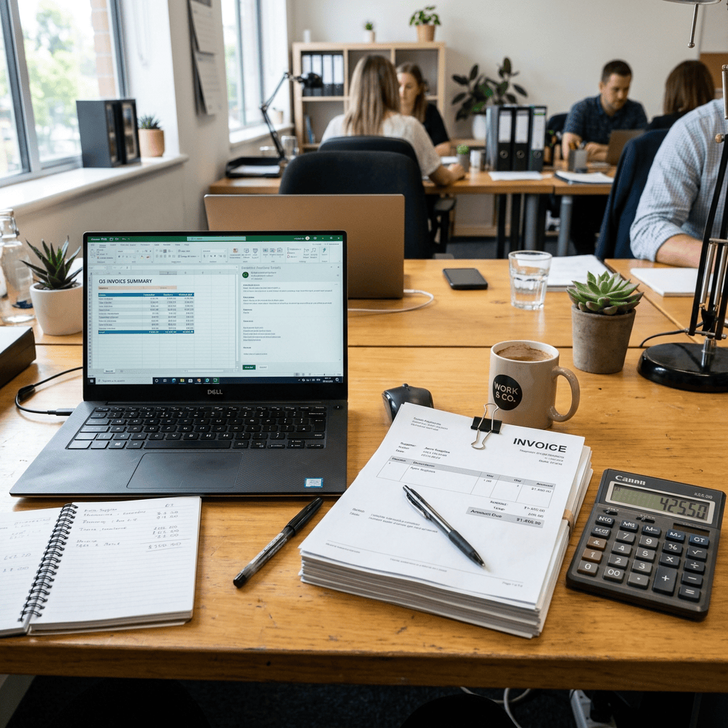 Office desk with laptop showing invoice summary, stack of invoices, calculator, notebook, pens, coffee cup, and plant