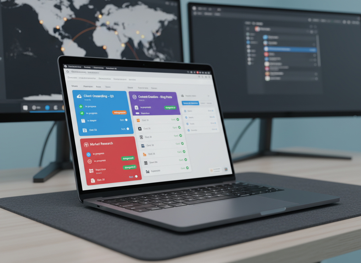 A close-up of a cloud-based task management interface on a high-resolution laptop screen, showing color-coded projects, labeled deadlines, and status tags like “in progress”, “delegated”, and “completed”, representing structured virtual assistance. The laptop rests on a charcoal-colored desk pad that contrasts with a pale wooden desk. In the soft-focus background, dual monitors display a world map with multiple time zones and a minimalist email inbox. Soft, cool-toned studio lighting highlights the screen without glare, creating subtle reflections along the metal laptop edges. Photographic realism, captured from a slightly angled side view with shallow depth of field, emphasizing the clarity and sophistication of the digital tools while maintaining a calm, methodical atmosphere.