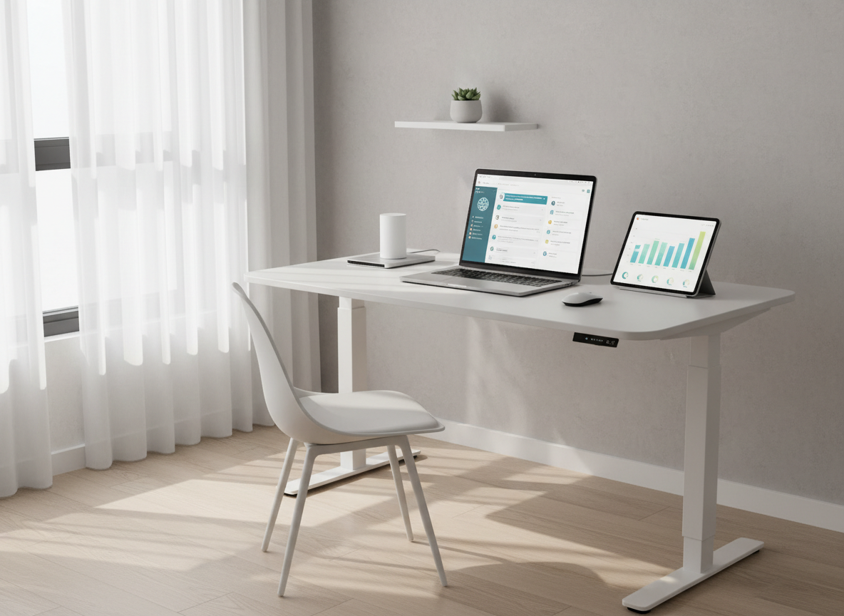 A minimalist home office designed for remote virtual assistance, featuring a height-adjustable white standing desk against a pale gray wall with a subtle texture. On the desk, a lightweight ultrabook shows a dashboard of multilingual communication tools and automated workflows. Next to it, a tablet displays analytics charts in soft blues and greens. A wireless mouse and compact docking station keep cables hidden. Natural afternoon light streams through a side window with sheer curtains, creating gentle shadows and a serene ambiance. Photographic realism, shot from a wide-angle perspective to capture the entire setup, with balanced, neutral colors and a clean, modern aesthetic that communicates reliability, discretion, and digital professionalism.