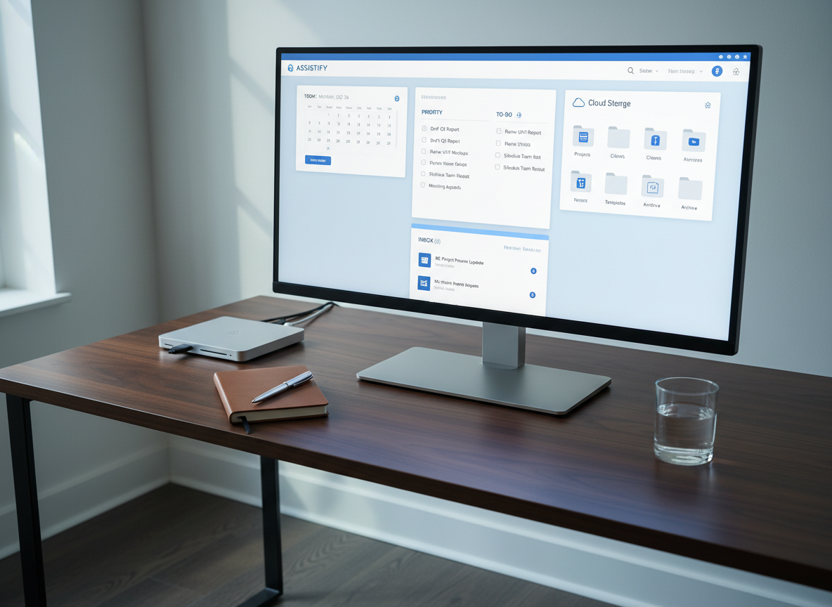 An ultra-organized digital workspace displayed on a large, thin-bezel monitor showing multiple neatly arranged windows: a calendar, task list, email inbox, and cloud storage folders, all designed with clean, blue and white interfaces suggesting virtual assistance software. The monitor rests on a dark walnut desk with a smooth texture, alongside a slim docking station, closed notebook, and a glass of water. Subtle LED strip lighting under the desk edge casts a soft cool glow, while indirect daylight from a nearby window adds gentle highlights. Photographic realism, captured from a slightly elevated angle using the rule of thirds, with sharp focus across the entire frame, conveying a structured, efficient, and professional remote working environment.
